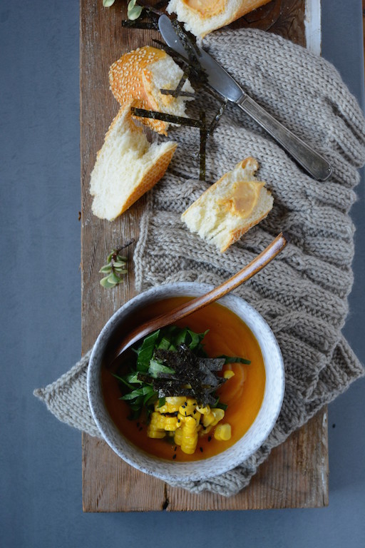 Sweet Potato Soup with Miso Corn