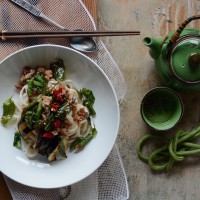 Thai Pork Basil Noodles with Eggplant