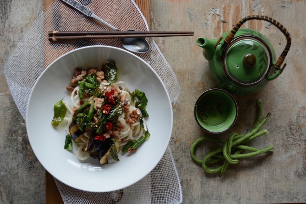 Thai Pork Basil Noodles with Eggplant